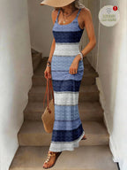 Vestido Maxi Listrado com Bainha Assimétrica - La Lecce