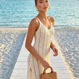 Vestido Saída de Praia Longo em Malha Vazada com Fenda Lateral