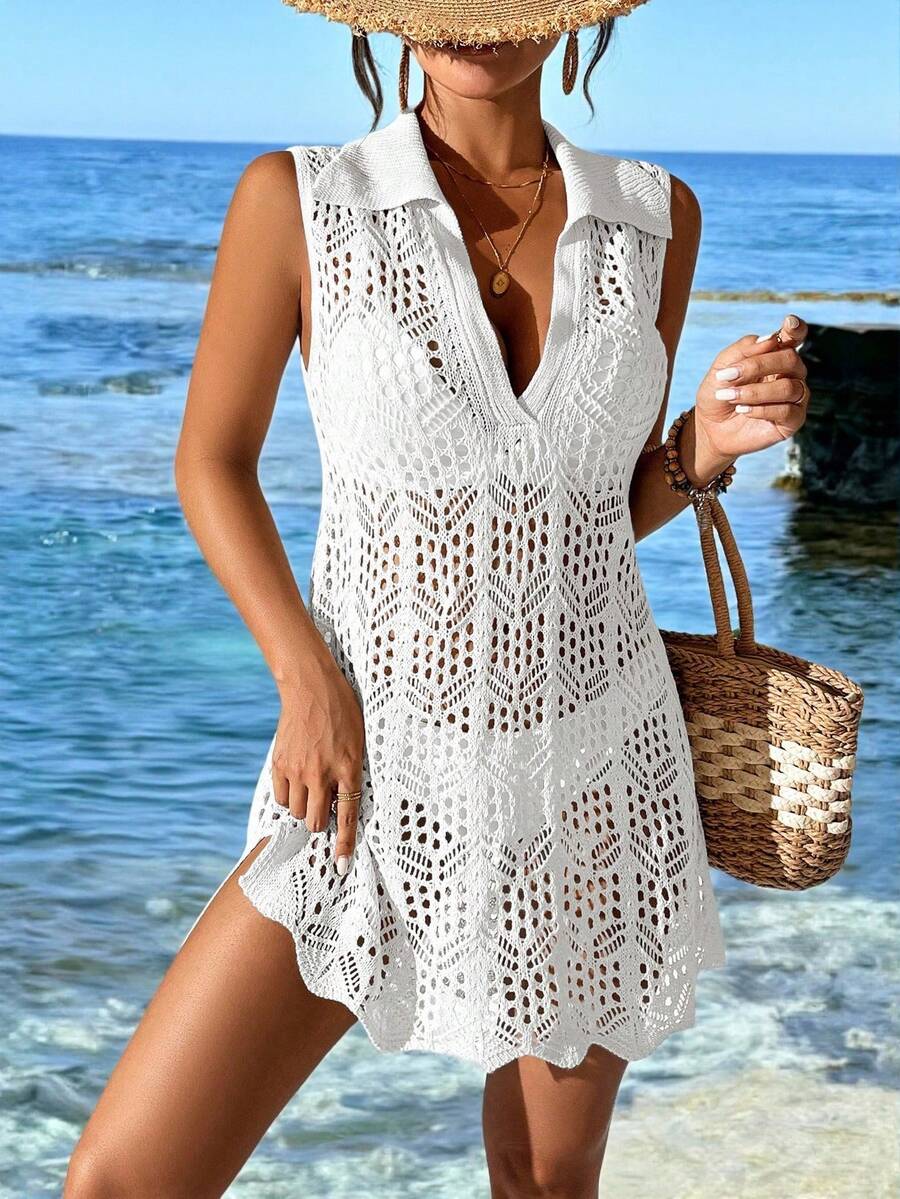 Vestido de Crochê Longo com Recorte Vazado