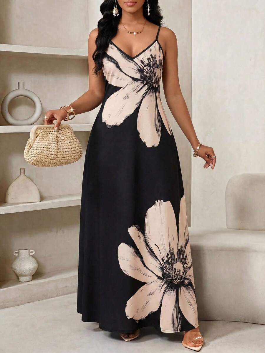 Vestido Longo Floral Decote V com Aplicação de Rosa 3D