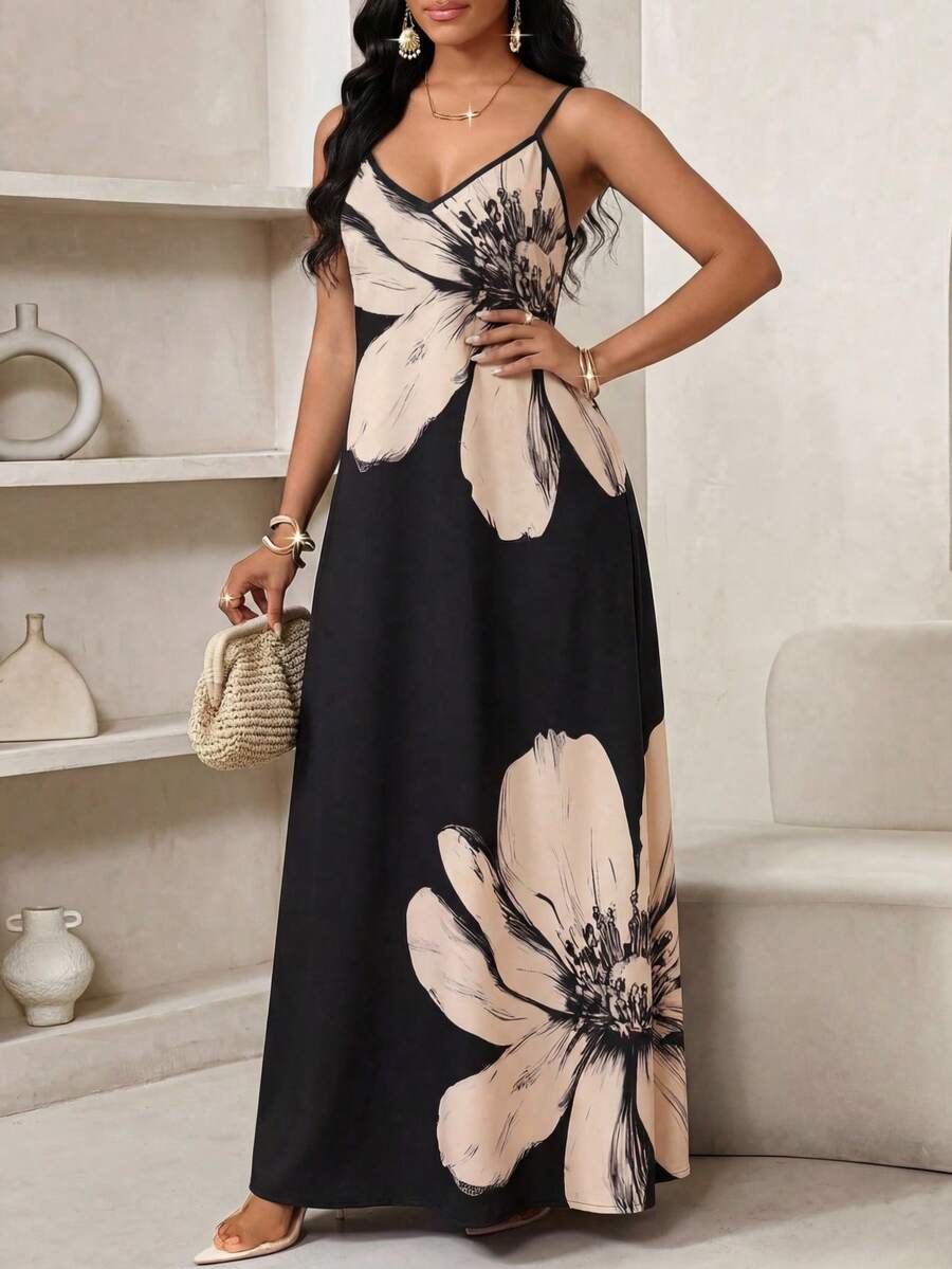 Vestido Longo Floral Decote V com Aplicação de Rosa 3D