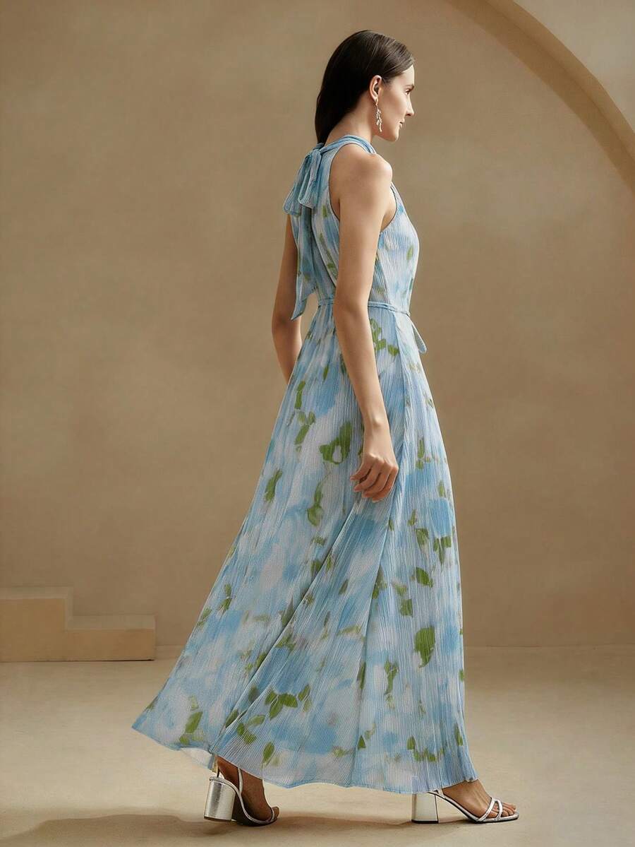 Vestido Longo Floral Frente Única com Cinto - La Lecce