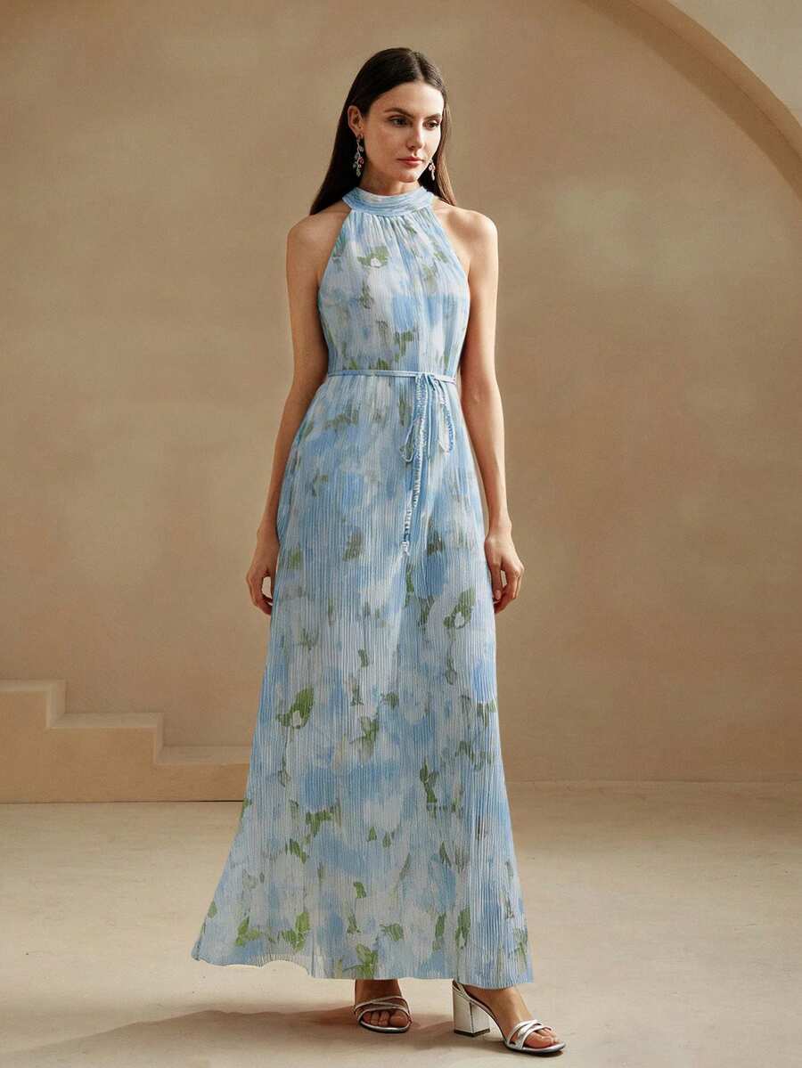 Vestido Longo Floral Frente Única com Cinto - La Lecce