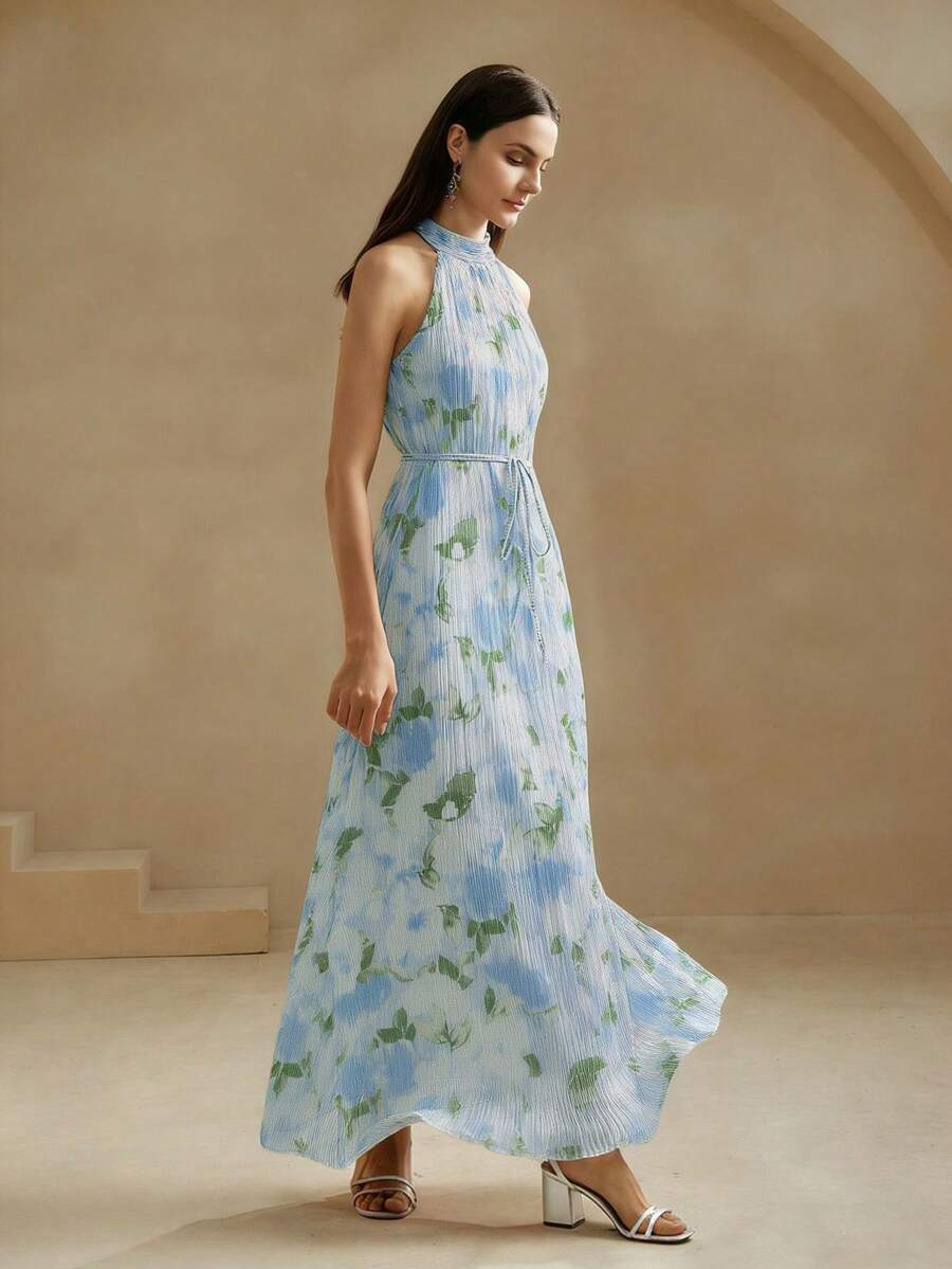 Vestido Longo Floral Frente Única com Cinto - La Lecce