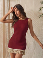 Vestido Saída de Praia Longo em Malha com Franjas - La Lecce
