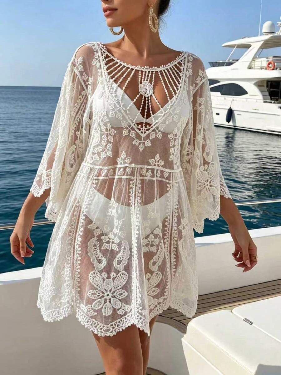 Saída de Praia Curta de Tule com Bordado Floral