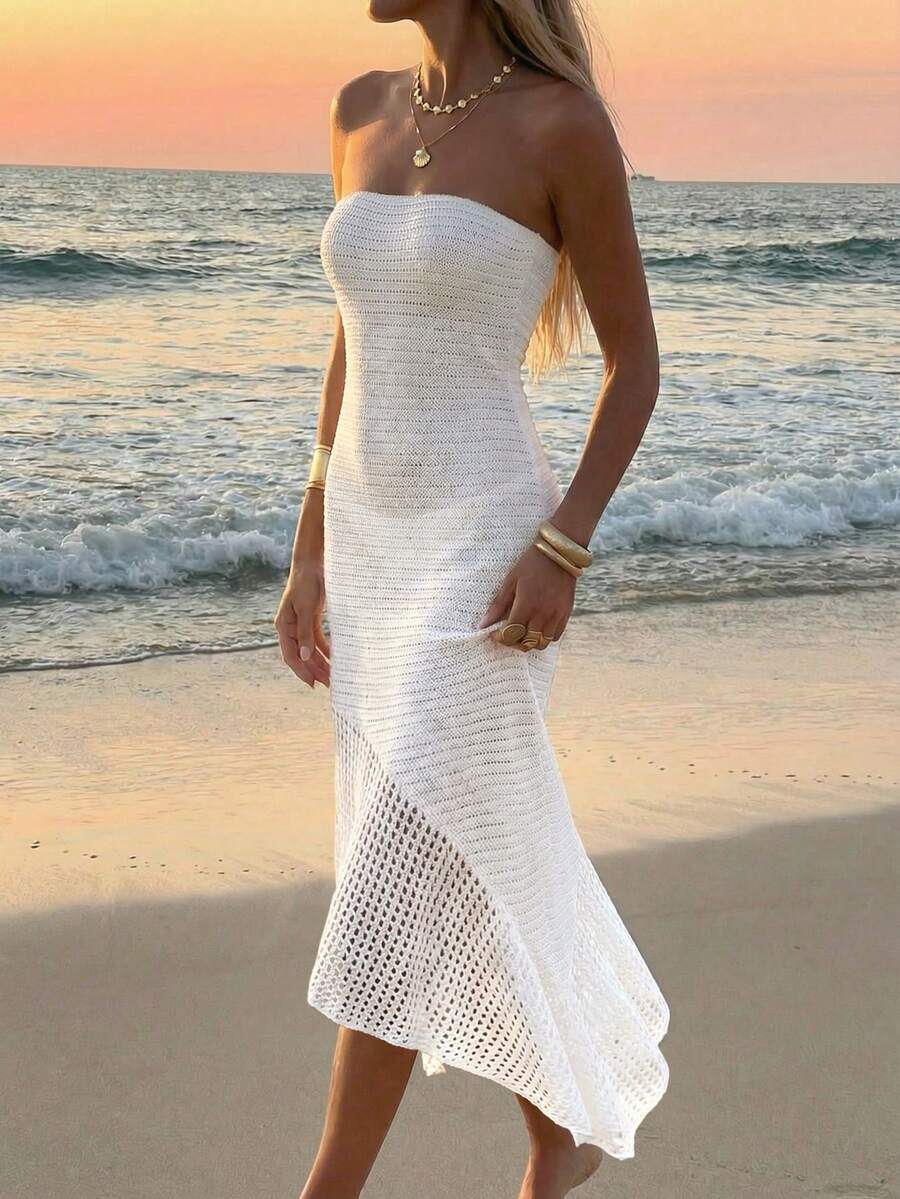 Vestido Saída de Praia Longo Bandeau em Crochê Vazado - La Lecce