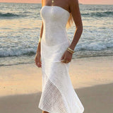 Vestido Saída de Praia Longo Bandeau em Crochê Vazado