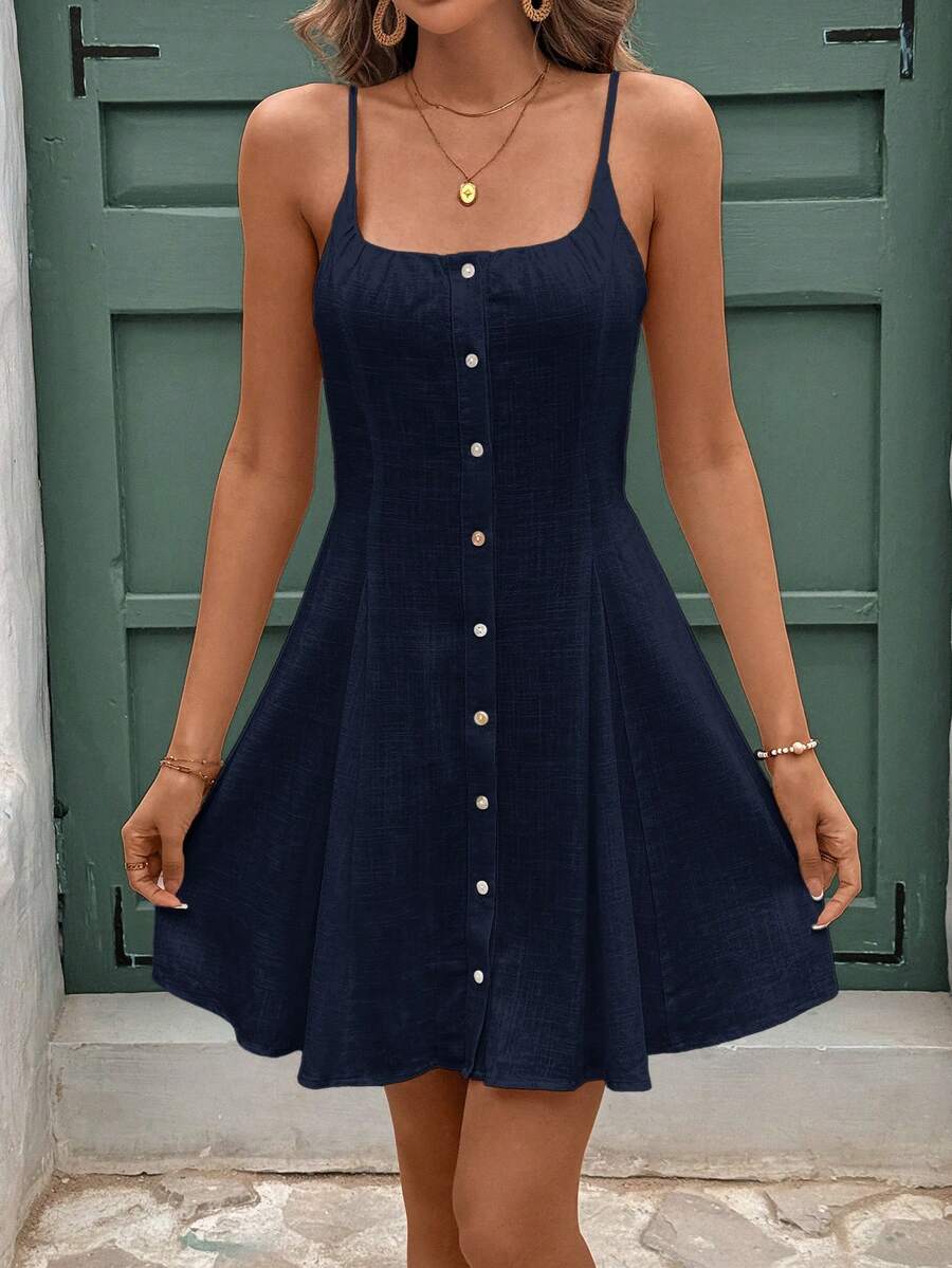 Vestido Curto de Linho com Alças e Botões Frontais - La Lecce