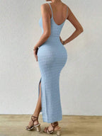 Vestido Longo Canelado com Alças Finas e Fenda Lateral