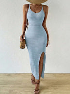 Vestido Longo Canelado com Alças Finas e Fenda Lateral