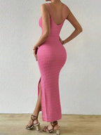 Vestido Longo Canelado com Alças Finas e Fenda Lateral