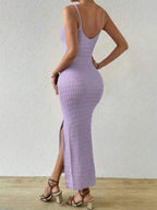 Vestido Longo Canelado com Alças Finas e Fenda Lateral