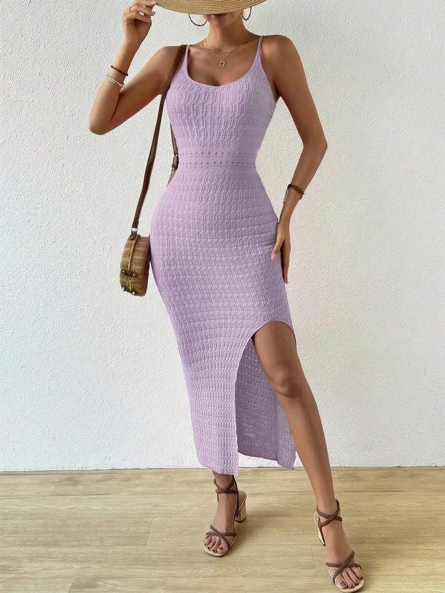 Vestido Longo Canelado com Alças Finas e Fenda Lateral