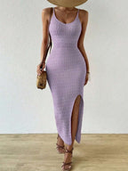 Vestido Longo Canelado com Alças Finas e Fenda Lateral