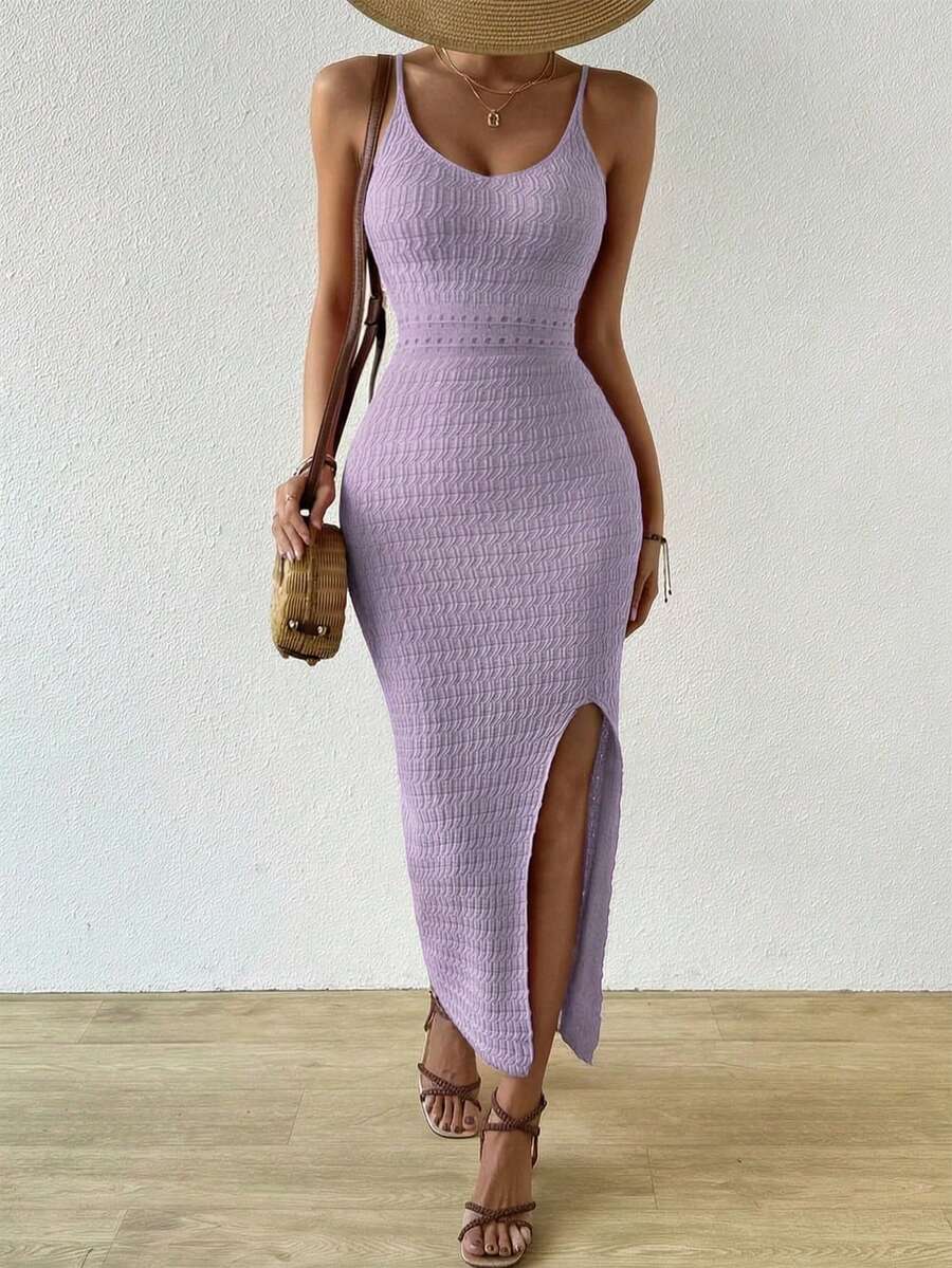 Vestido Longo Canelado com Alças Finas e Fenda Lateral