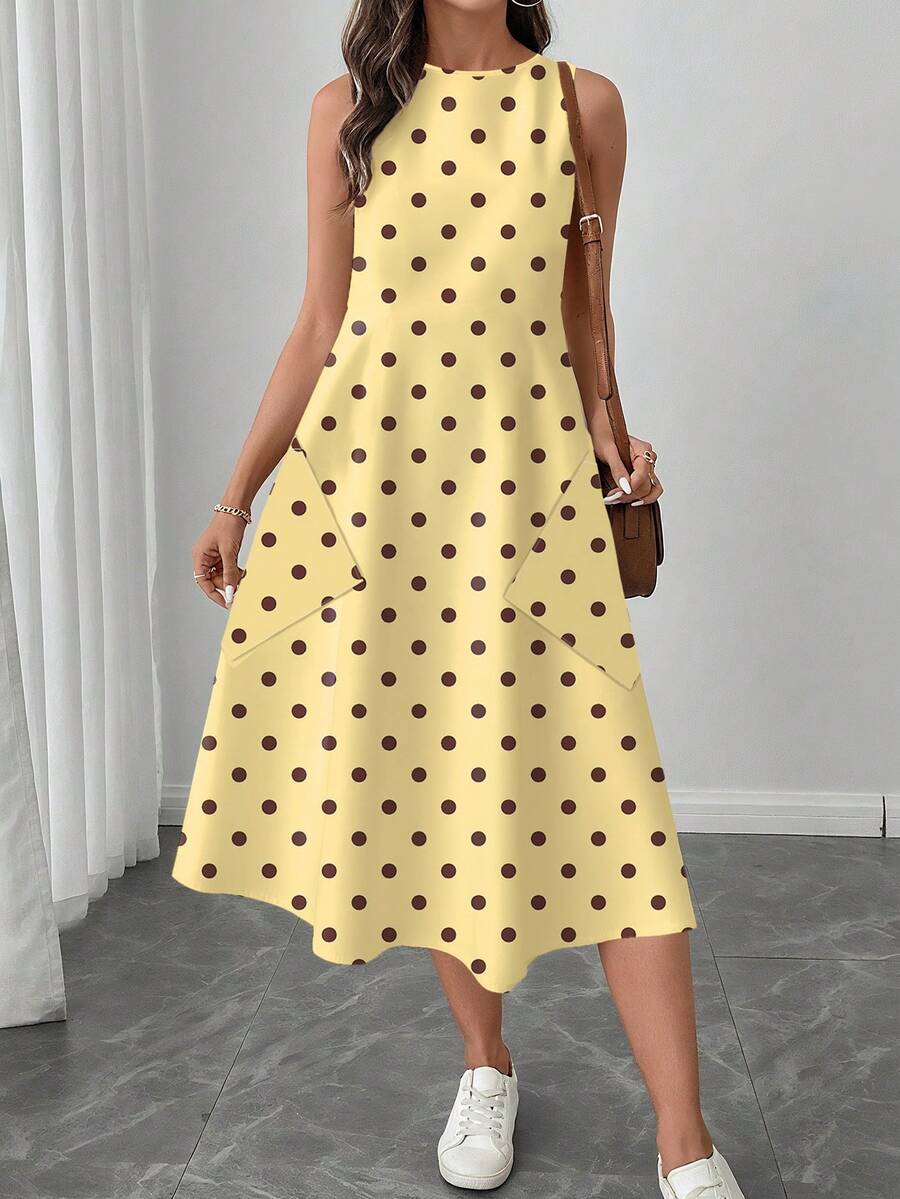 Vestido Midi Poá com Gola Redonda e Bolsos - La Lecce