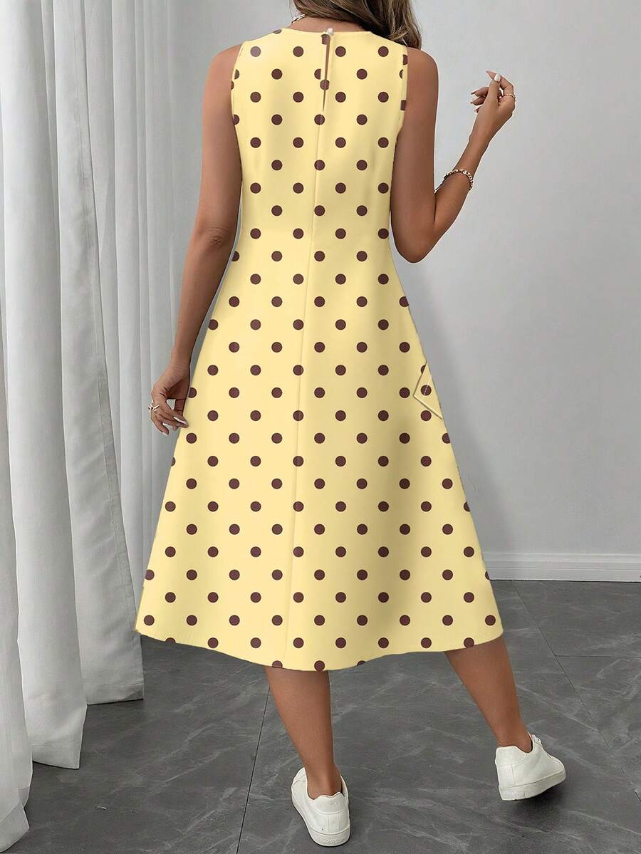 Vestido Midi Poá com Gola Redonda e Bolsos - La Lecce