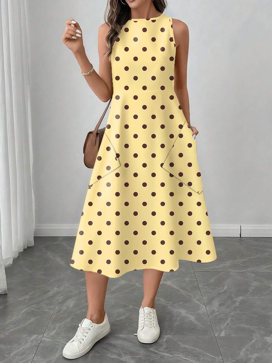 Vestido Midi Poá com Gola Redonda e Bolsos - La Lecce