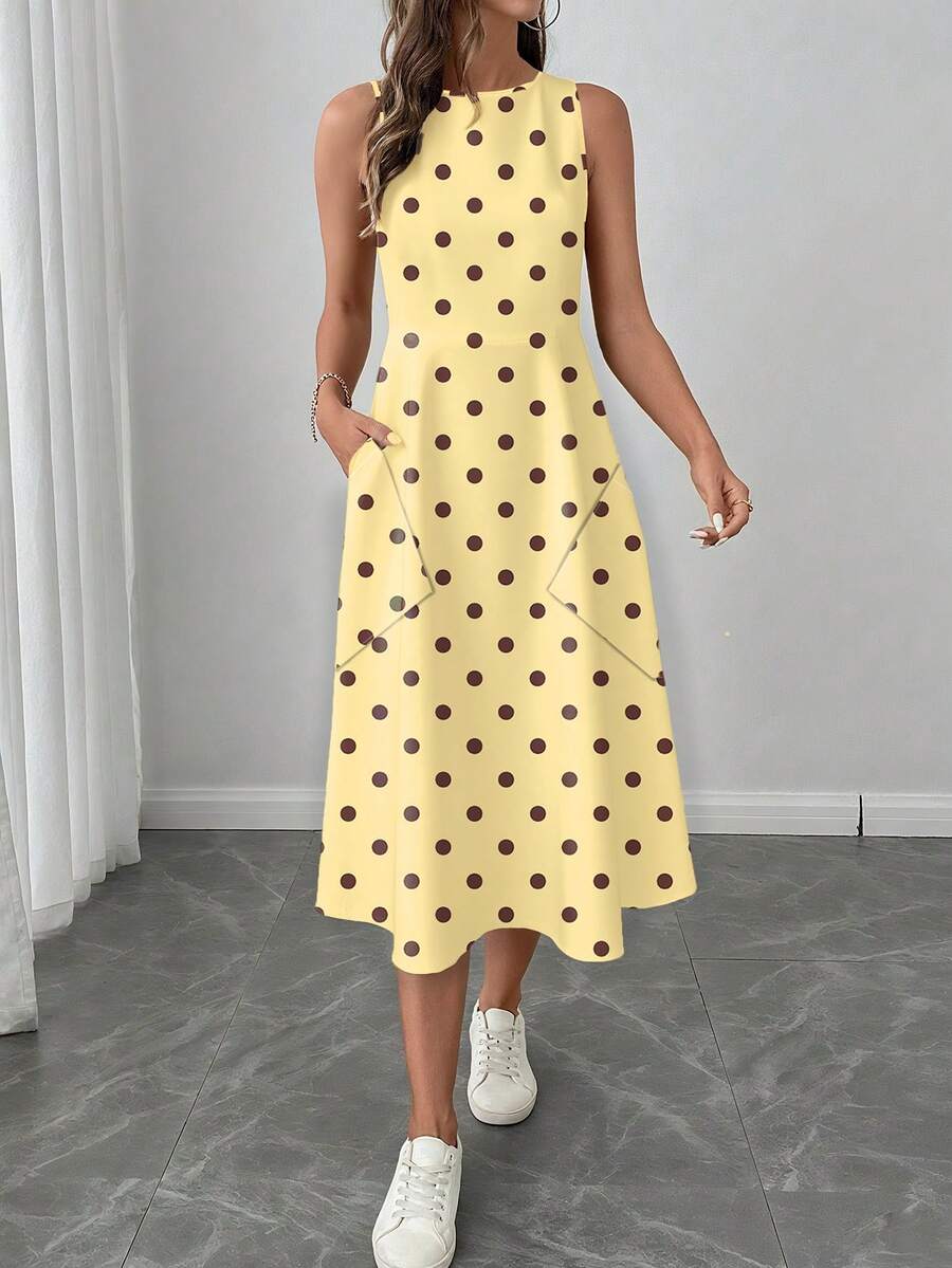 Vestido Midi Poá com Gola Redonda e Bolsos - La Lecce