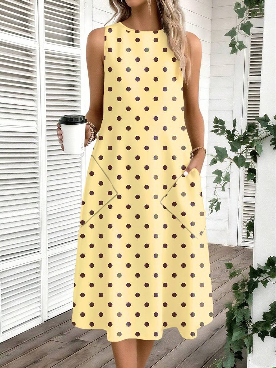Vestido Midi Poá com Gola Redonda e Bolsos - La Lecce