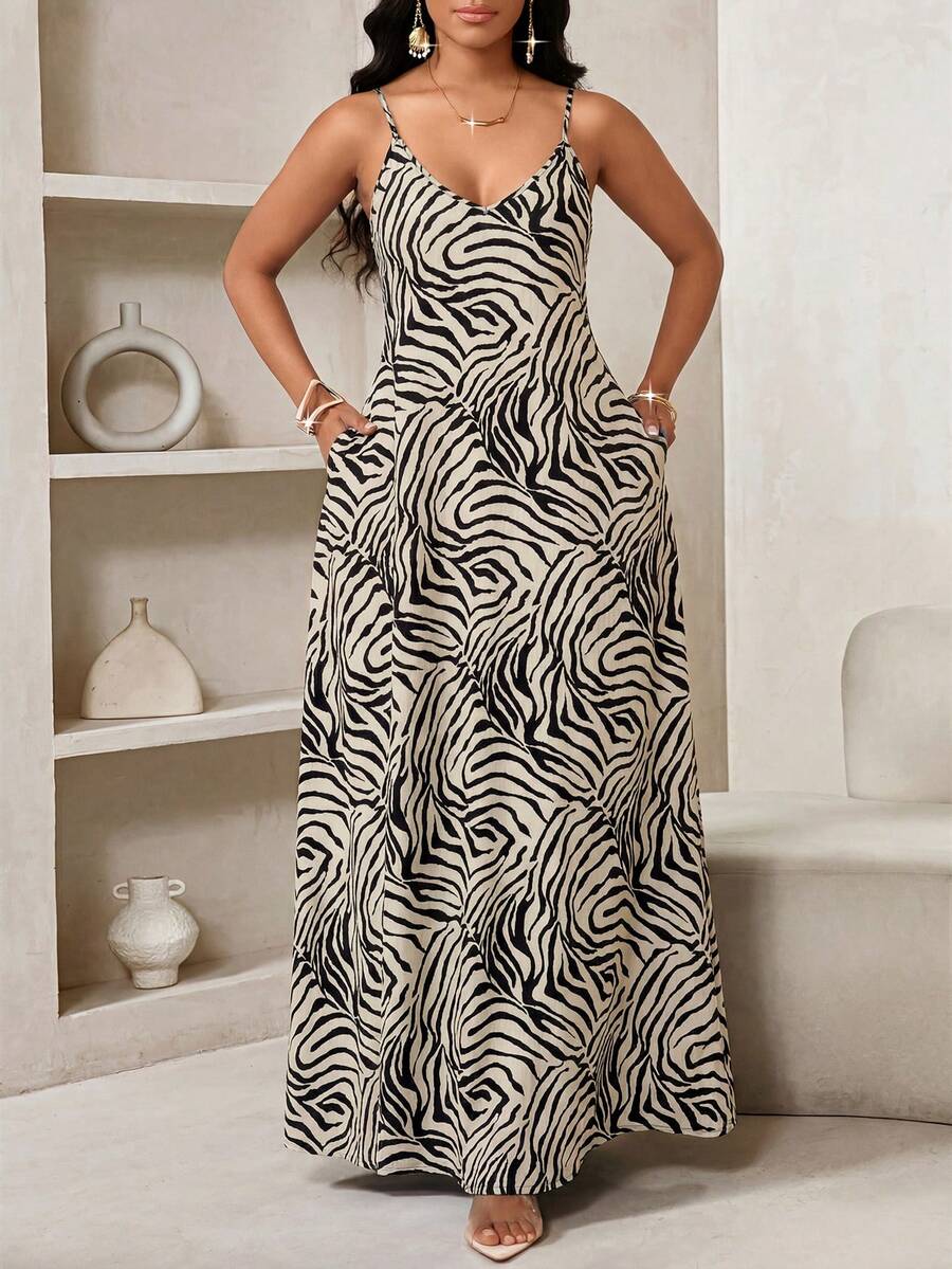 Vestido Maxi de Alças com Estampa Geométrica e Bolsos