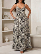 Vestido Maxi de Alças com Estampa Geométrica e Bolsos