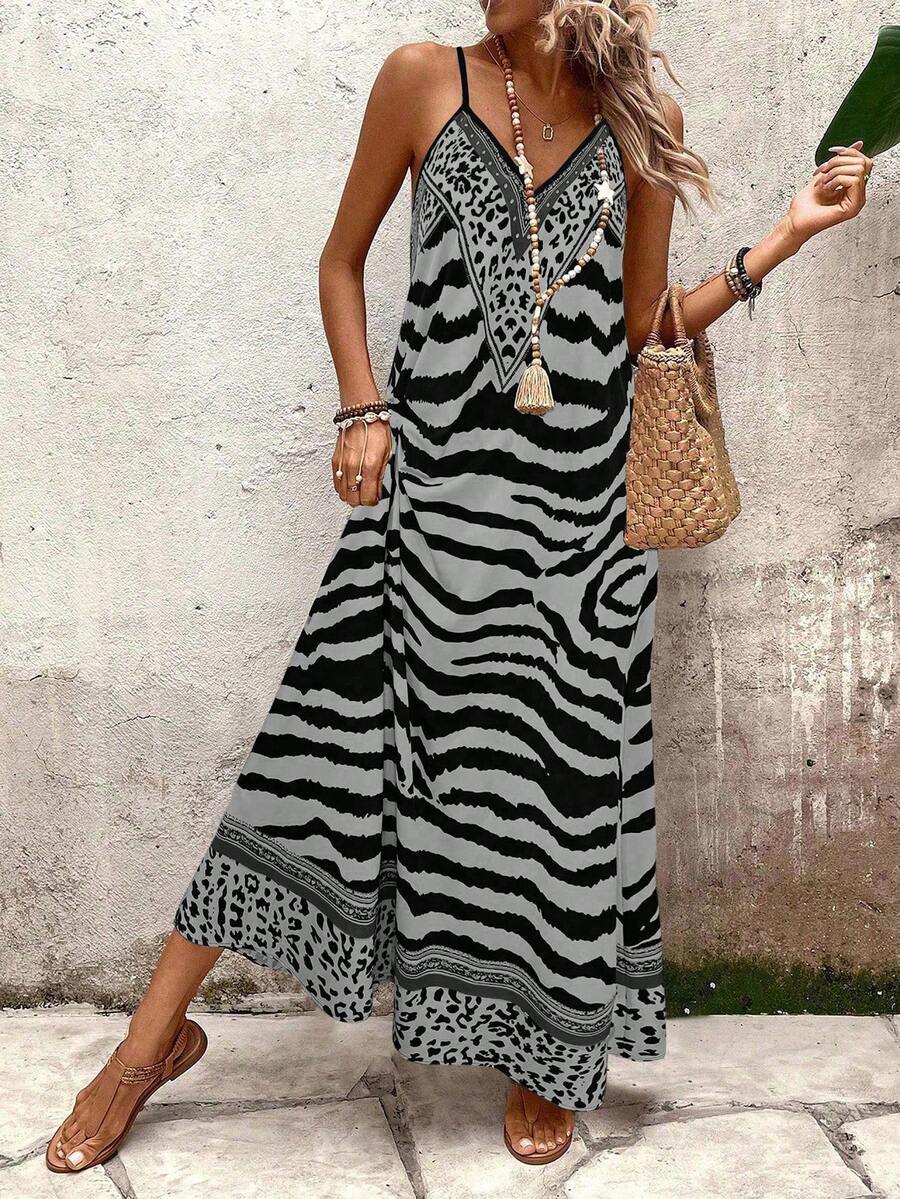 Vestido Longo Estampa de Onça com Alças Finas