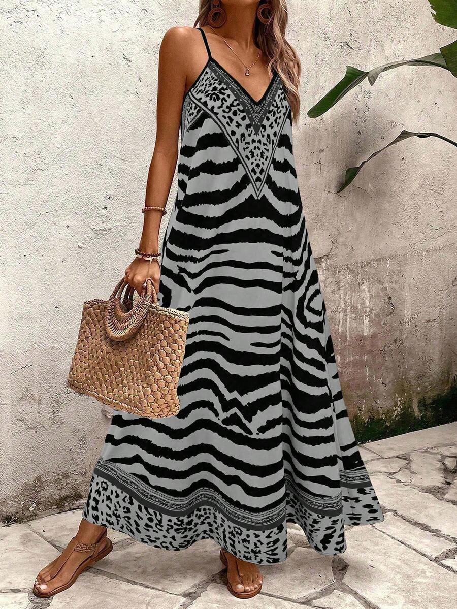 Vestido Longo Estampa de Onça com Alças Finas