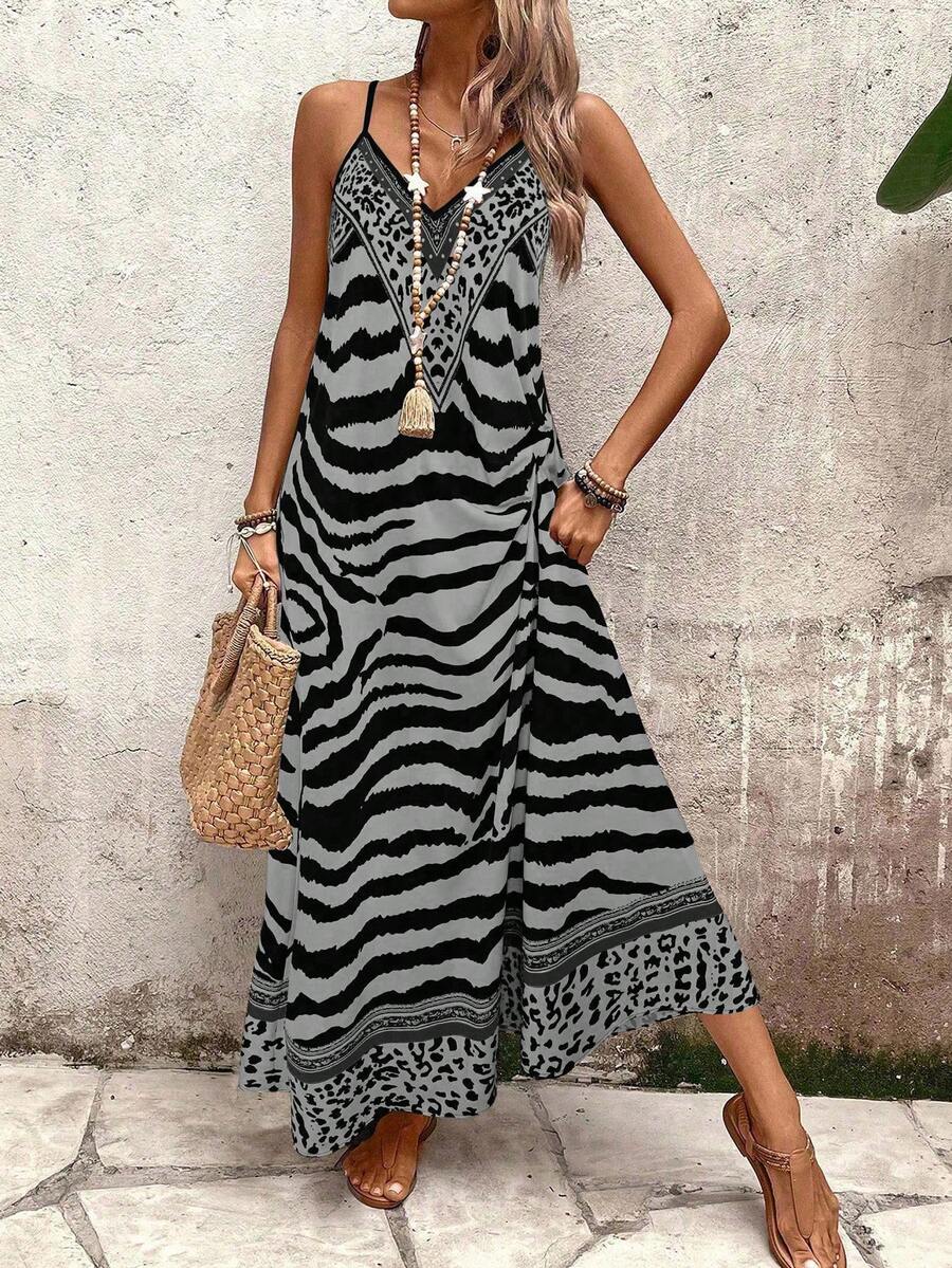 Vestido Longo Estampa de Onça com Alças Finas