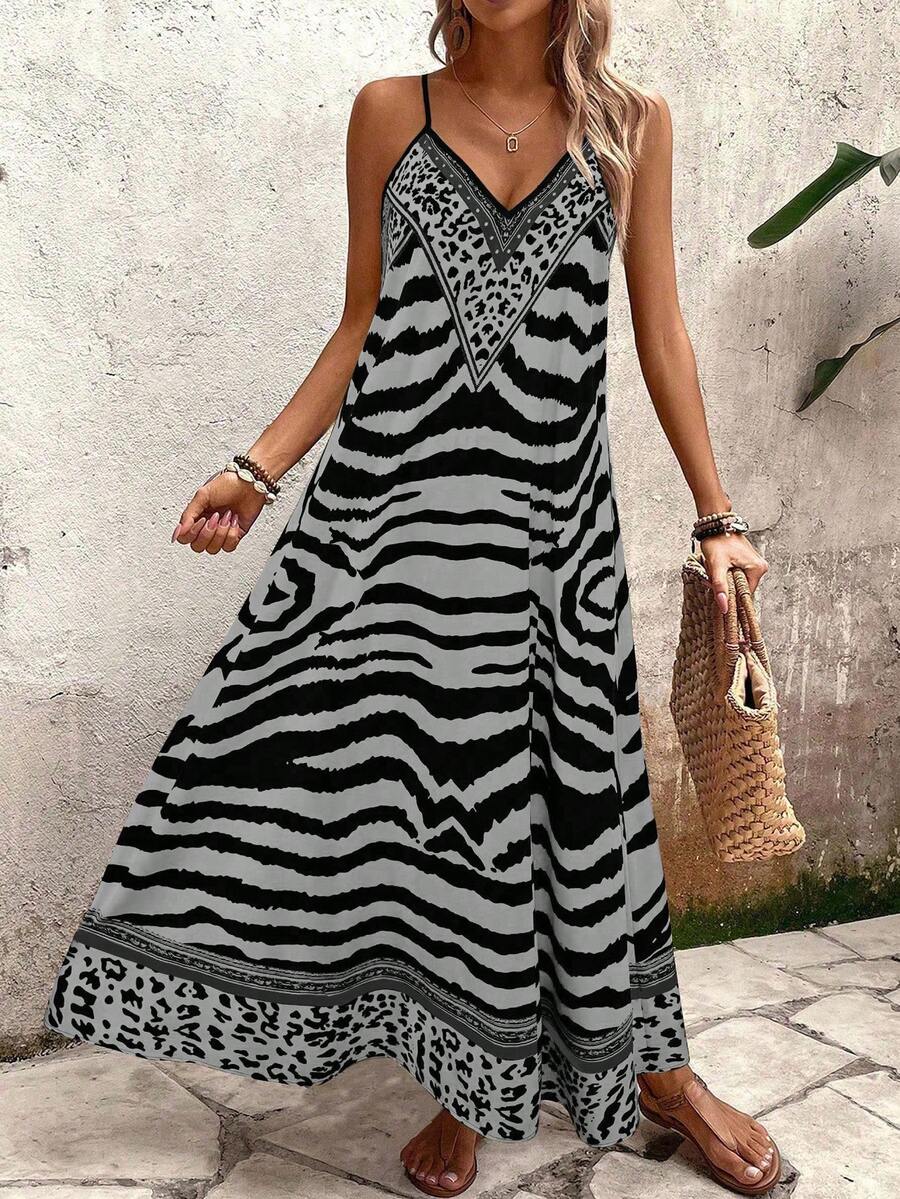 Vestido Longo Estampa de Onça com Alças Finas