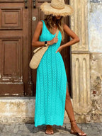 Vestido Saída de Praia Longo em Malha Vazada com Fenda Lateral - La Lecce