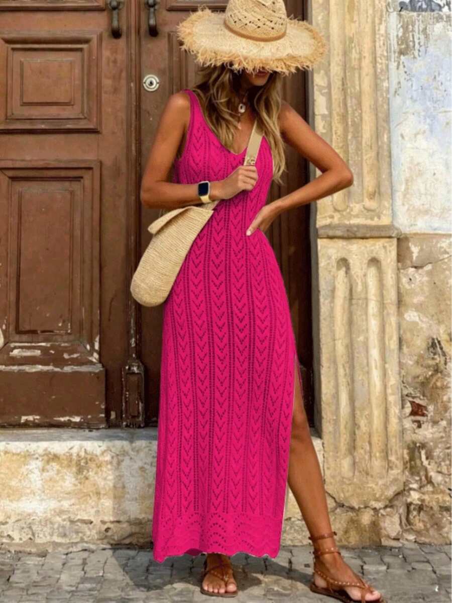 Vestido Saída de Praia Longo em Malha Vazada com Fenda Lateral - La Lecce