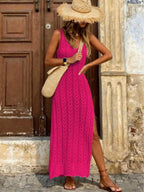 Vestido Saída de Praia Longo em Malha Vazada com Fenda Lateral - La Lecce