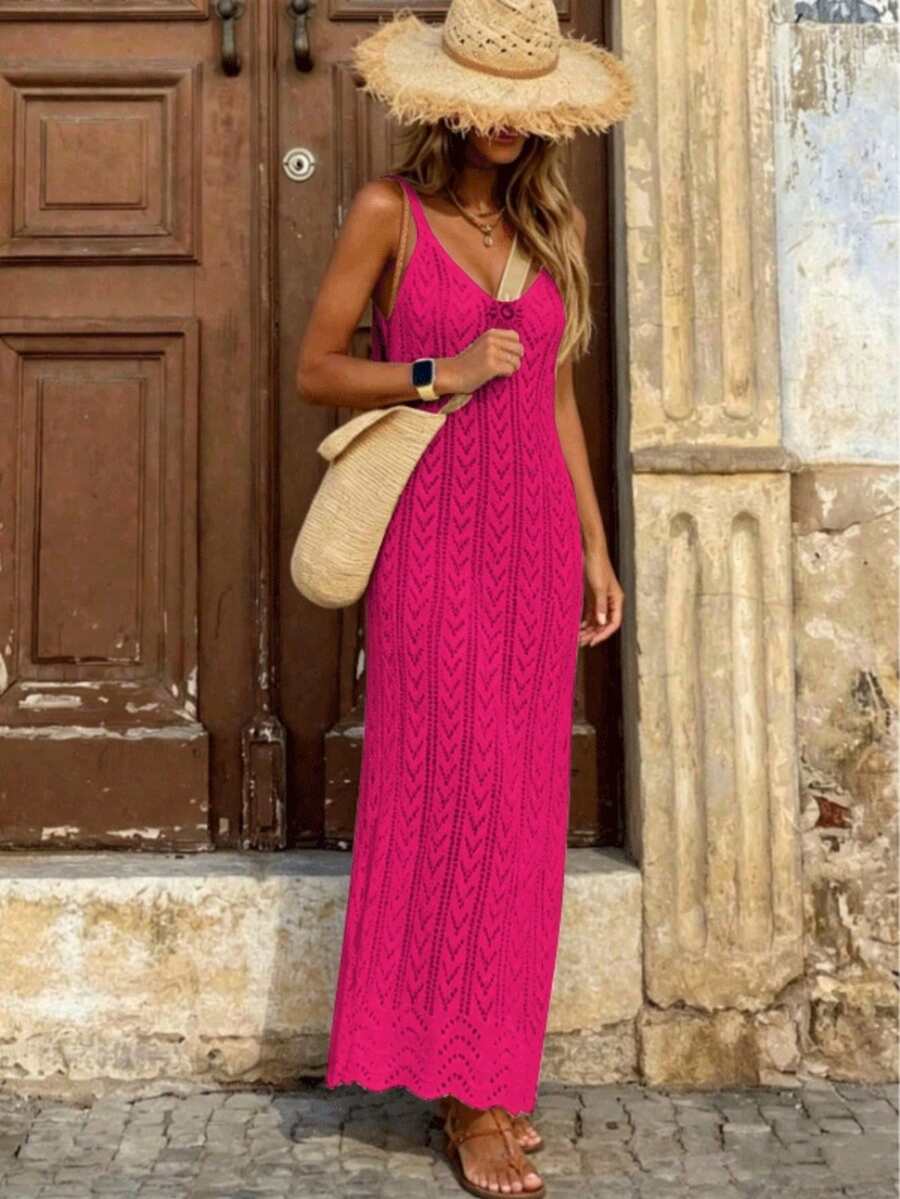 Vestido Saída de Praia Longo em Malha Vazada com Fenda Lateral - La Lecce