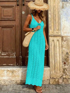 Vestido Saída de Praia Longo em Malha Vazada com Fenda Lateral - La Lecce