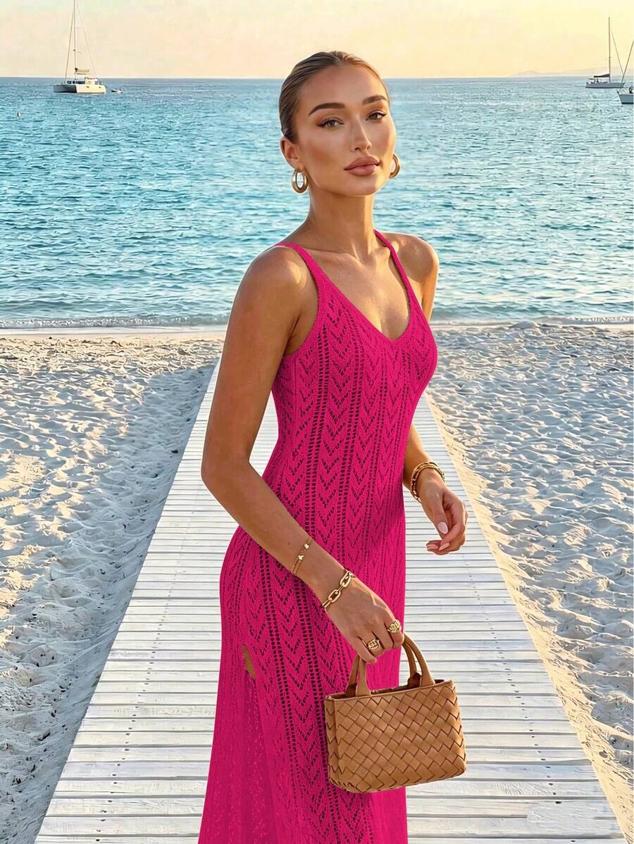 Vestido Saída de Praia Longo em Malha Vazada com Fenda Lateral - La Lecce
