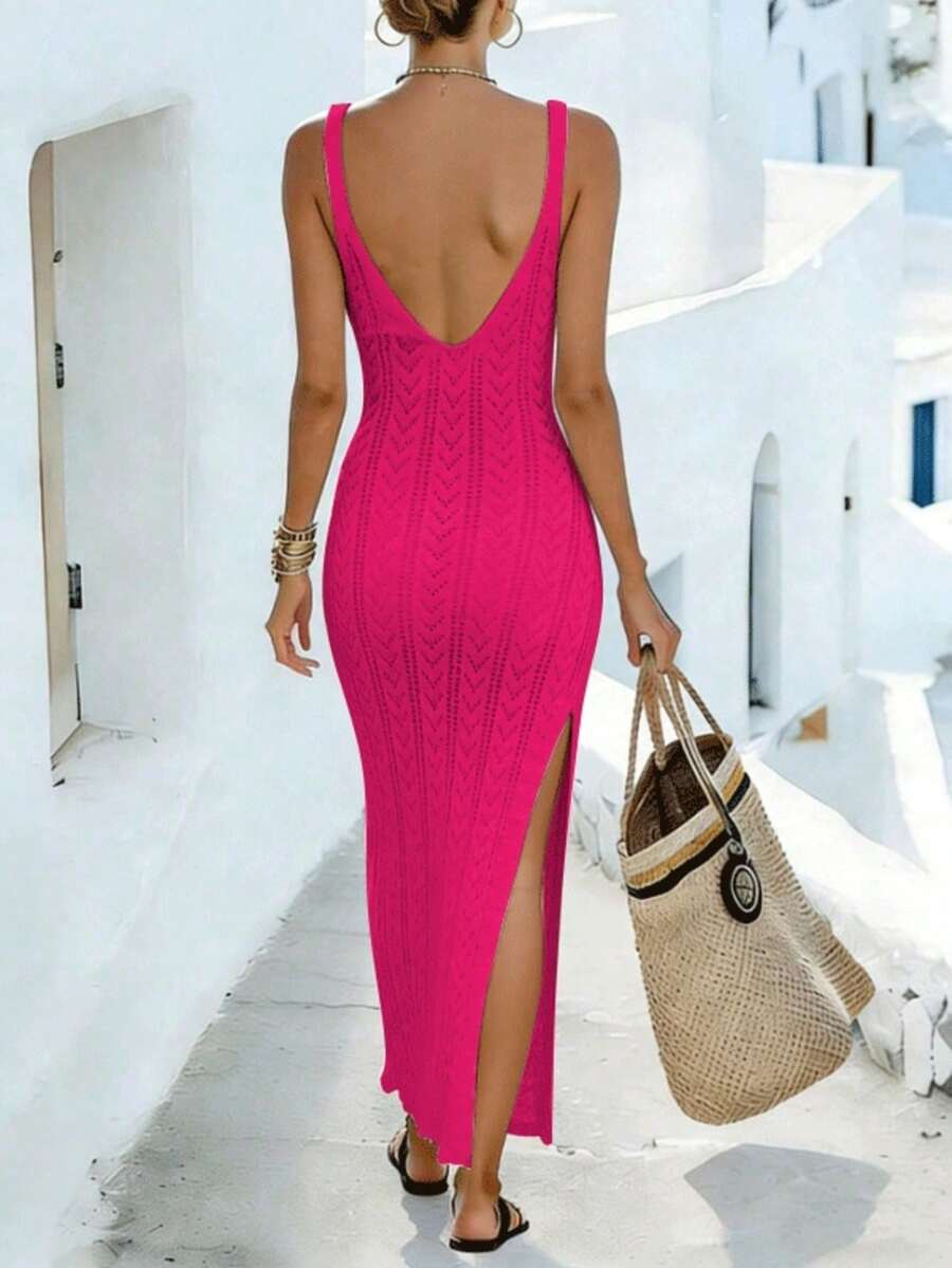 Vestido Saída de Praia Longo em Malha Vazada com Fenda Lateral - La Lecce