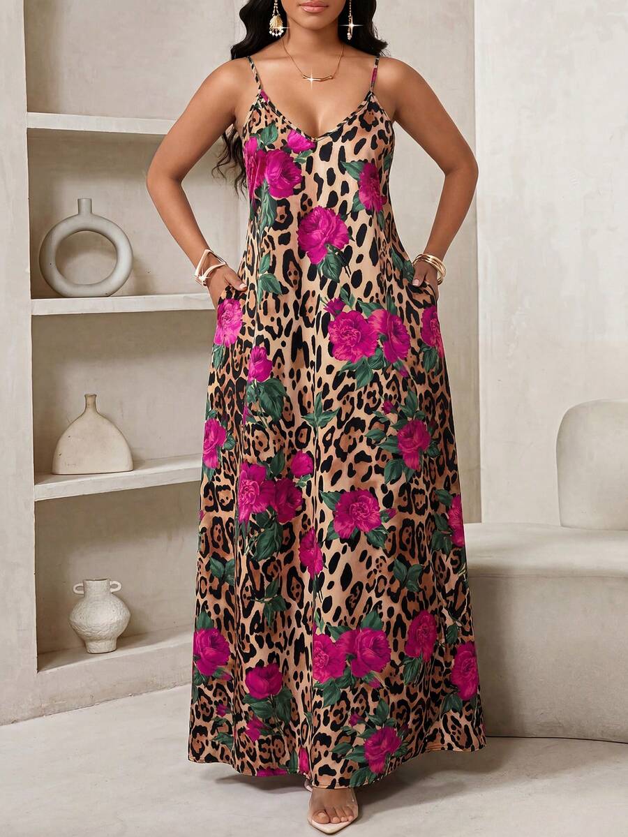 Vestido Longo Floral Decote V com Aplicação de Rosa 3D - La Lecce