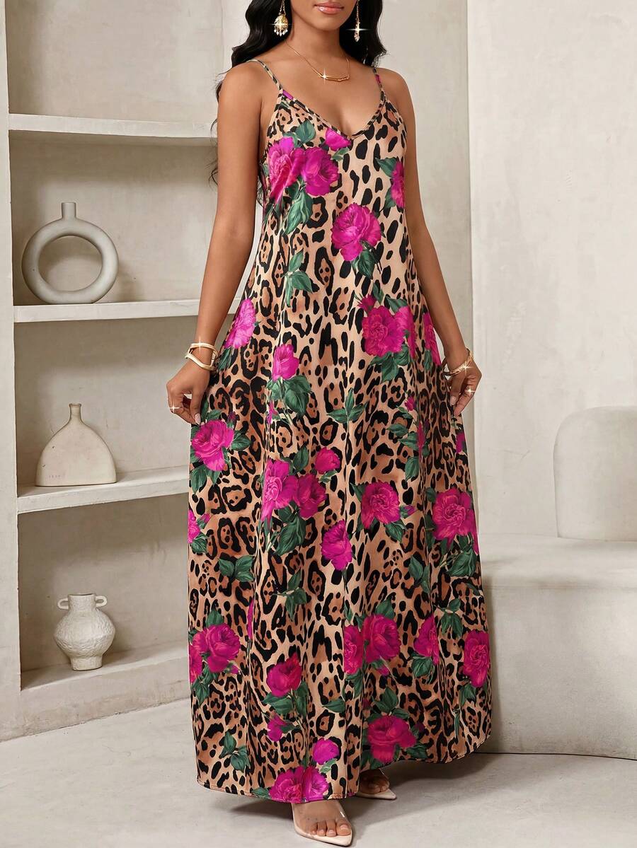 Vestido Longo Floral Decote V com Aplicação de Rosa 3D - La Lecce