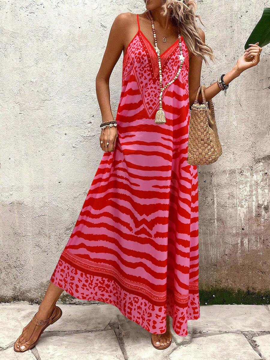 Vestido Longo Estampa de Onça com Alças Finas