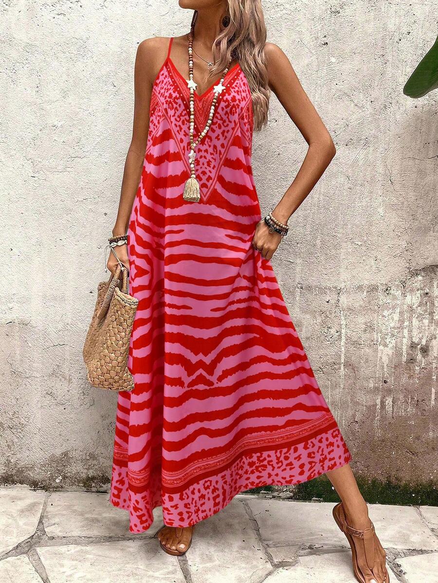 Vestido Longo Estampa de Onça com Alças Finas
