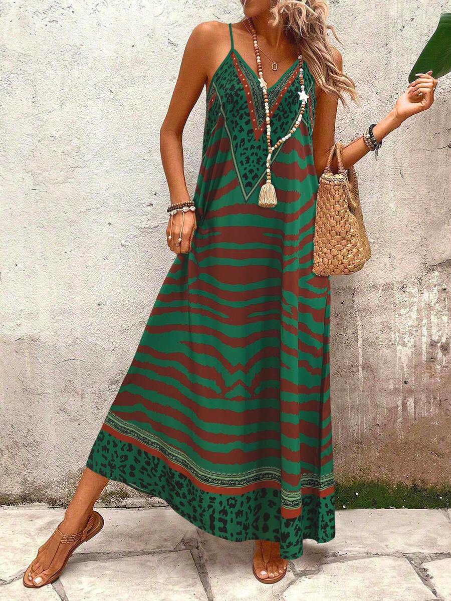 Vestido Longo Estampa de Onça com Alças Finas