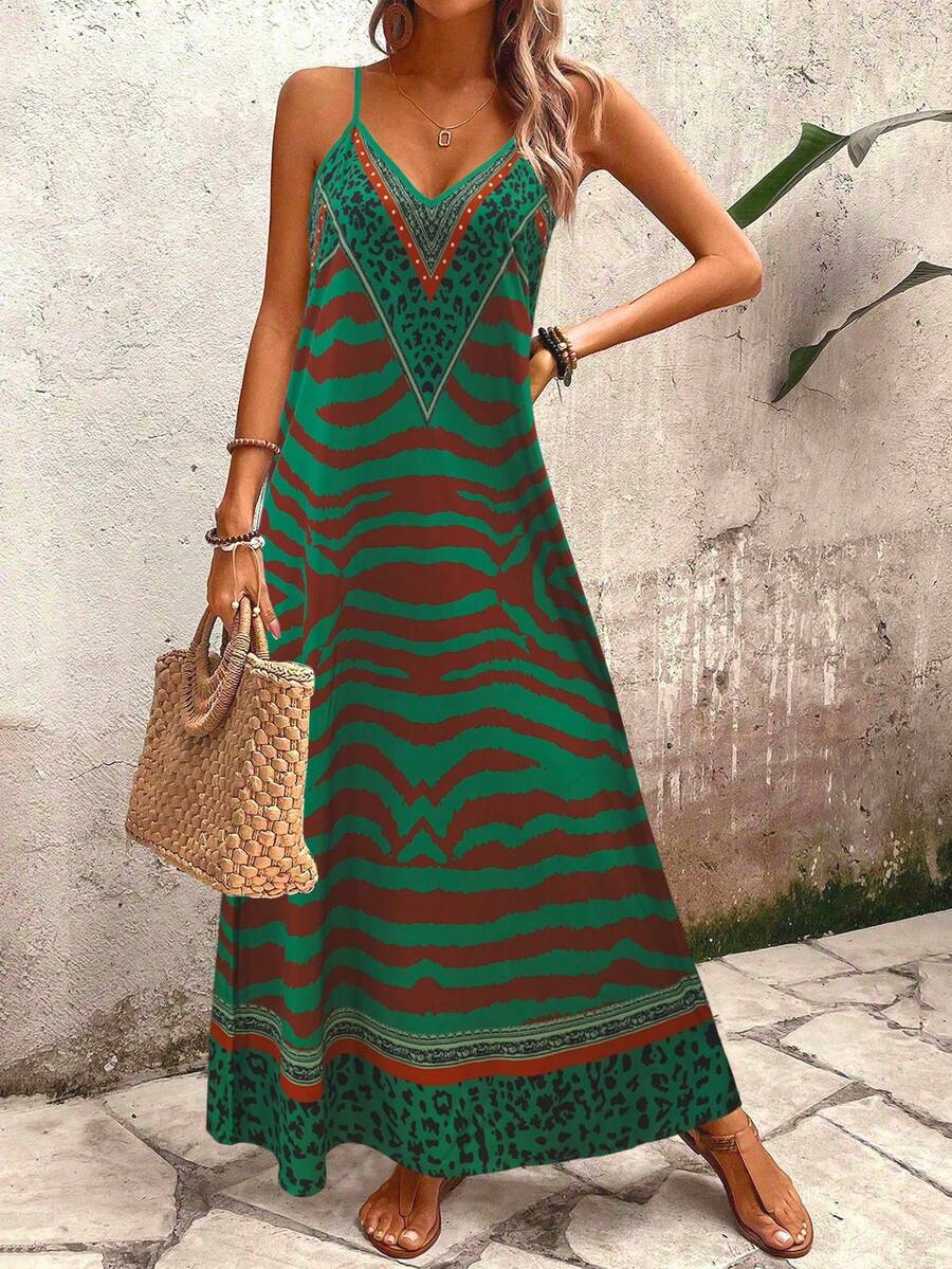 Vestido Longo Estampa de Onça com Alças Finas