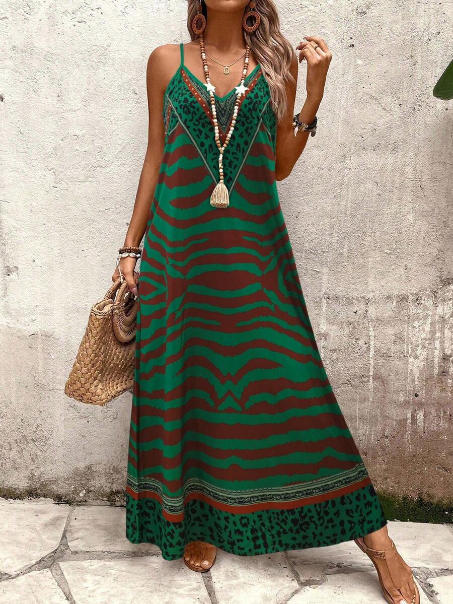 Vestido Longo Estampa de Onça com Alças Finas