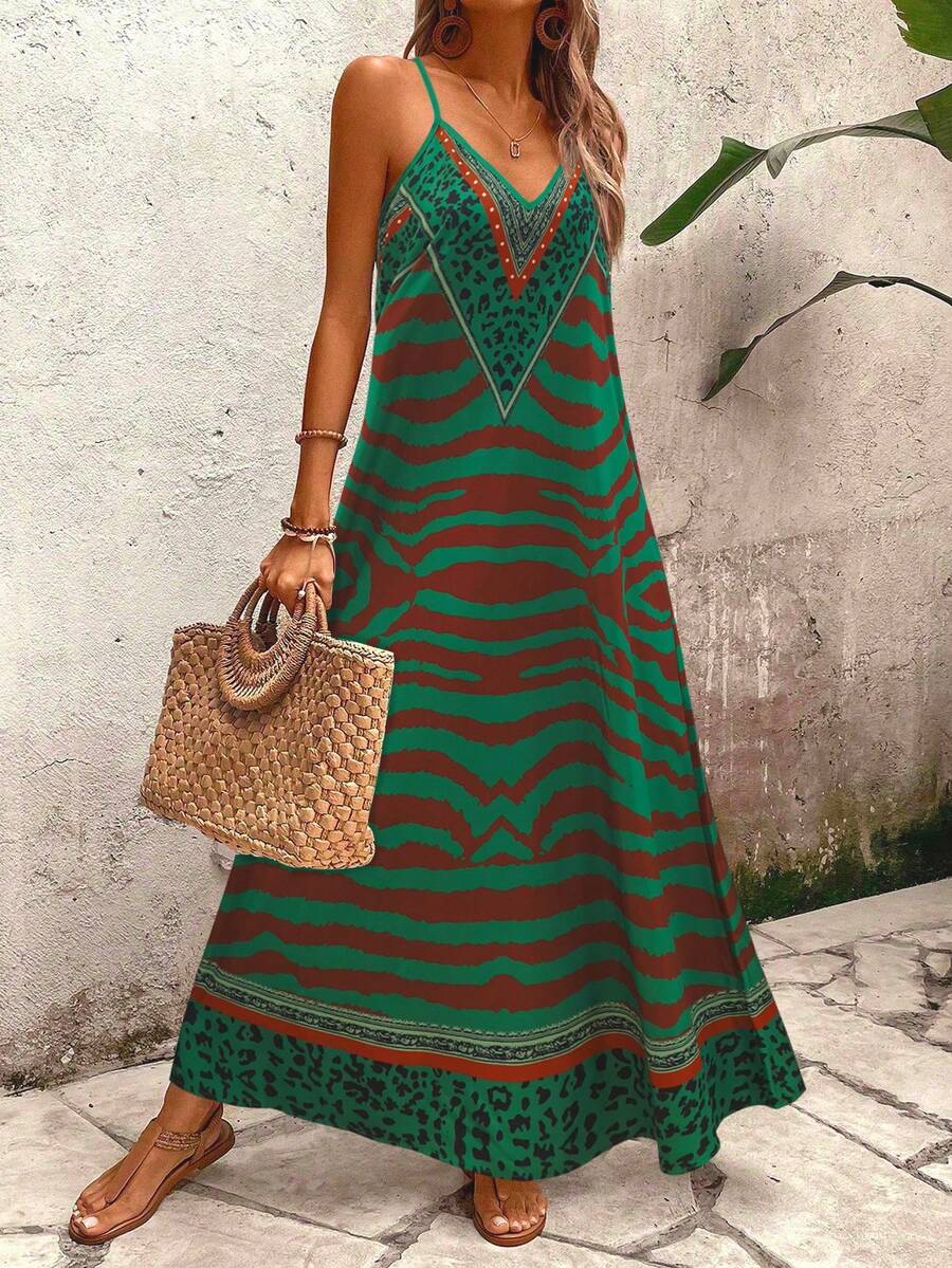 Vestido Longo Estampa de Onça com Alças Finas