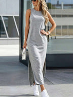 Vestido Longo Listrado com Gola Redonda e Fenda - La Lecce
