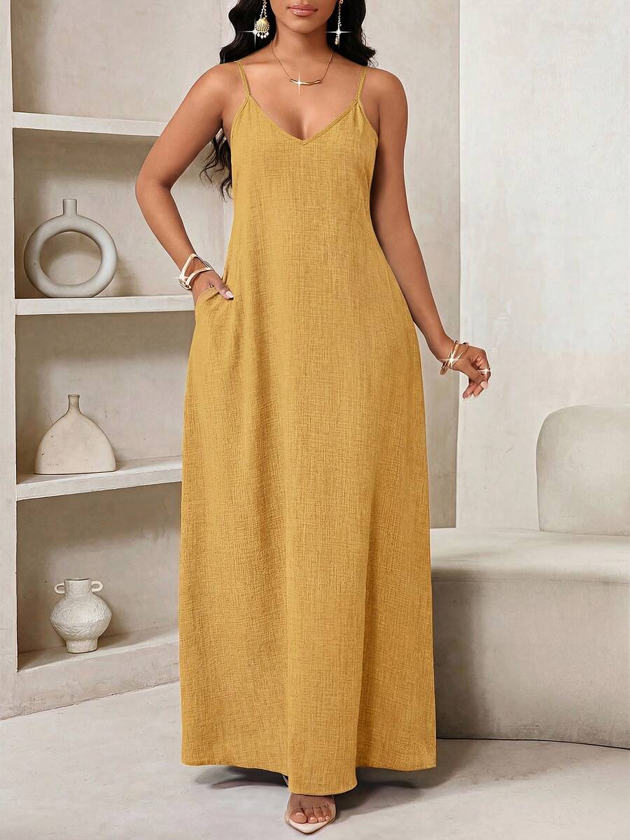 Vestido Maxi de Alças com Estampa Geométrica e Bolsos