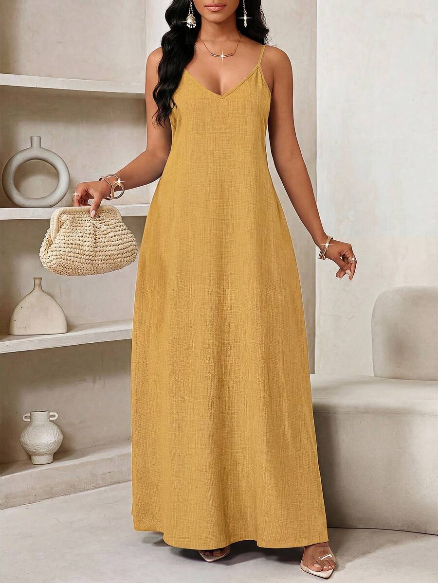 Vestido Maxi de Alças com Estampa Geométrica e Bolsos