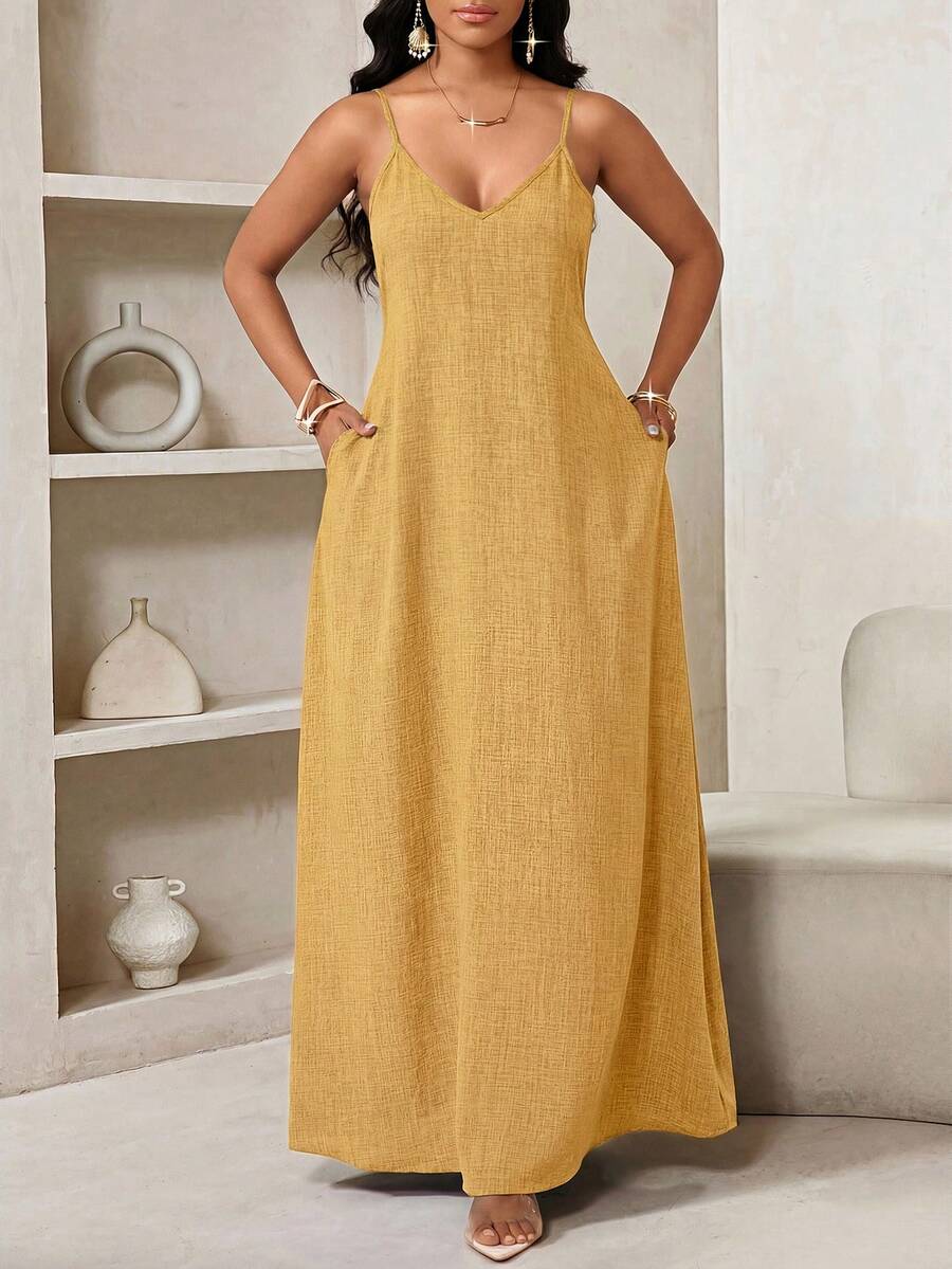 Vestido Maxi de Alças com Estampa Geométrica e Bolsos